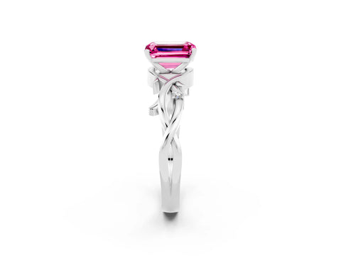 White gold Emerald Cut Pink Sapphire Solitaire Ring with Twisted Band and Prong Setting_2