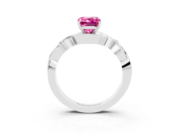 Platinum Emerald Cut Pink Sapphire Solitaire Ring with Twisted Band and Prong Setting