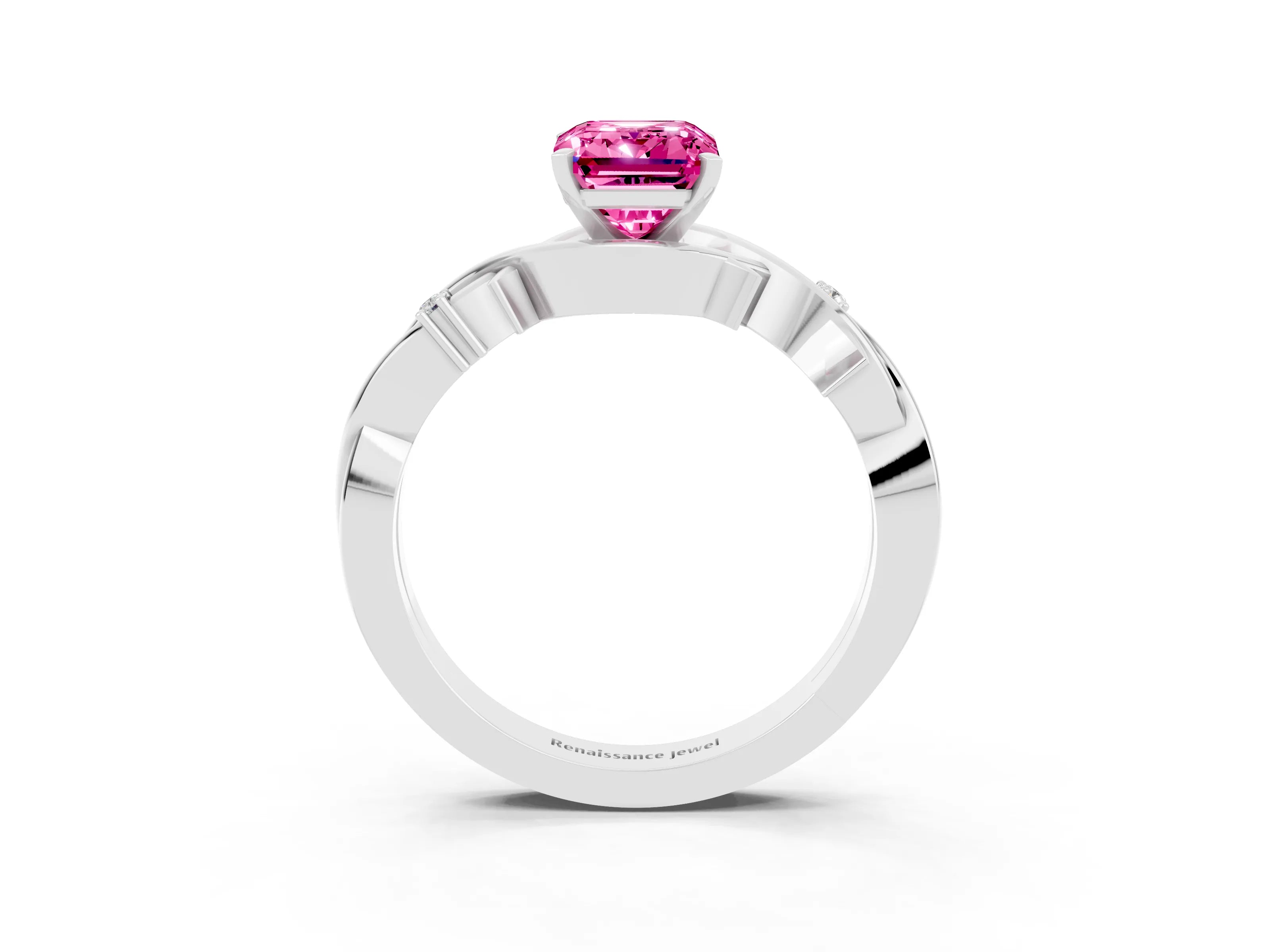 White gold Emerald Cut Pink Sapphire Solitaire Ring with Twisted Band and Prong Setting_3
