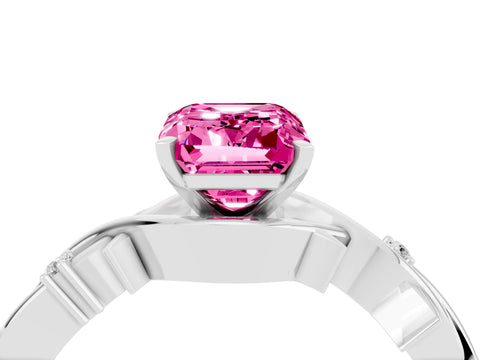 White gold Emerald Cut Pink Sapphire Solitaire Ring with Twisted Band and Prong Setting_4