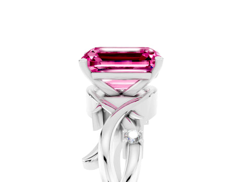 White gold Emerald Cut Pink Sapphire Solitaire Ring with Twisted Band and Prong Setting_5