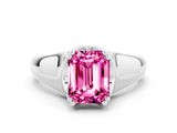 White gold Emerald Cut Pink Sapphire Solitaire Ring with Wide Band and Prong Setting_24