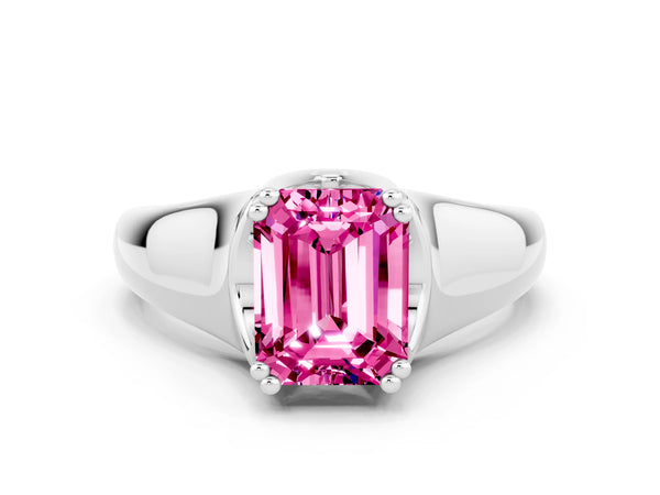 Platinum Emerald Cut Pink Sapphire Solitaire Ring with Wide Band and Prong Setting