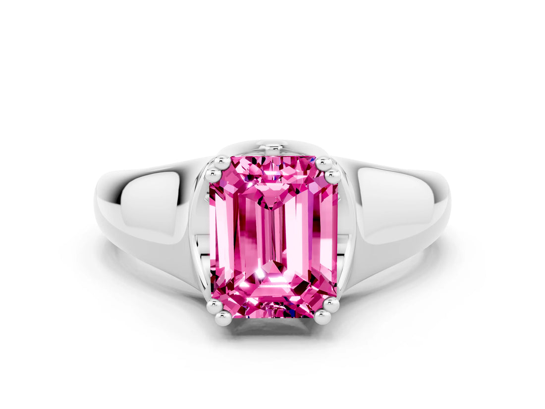 White gold Emerald Cut Pink Sapphire Solitaire Ring with Wide Band and Prong Setting_24