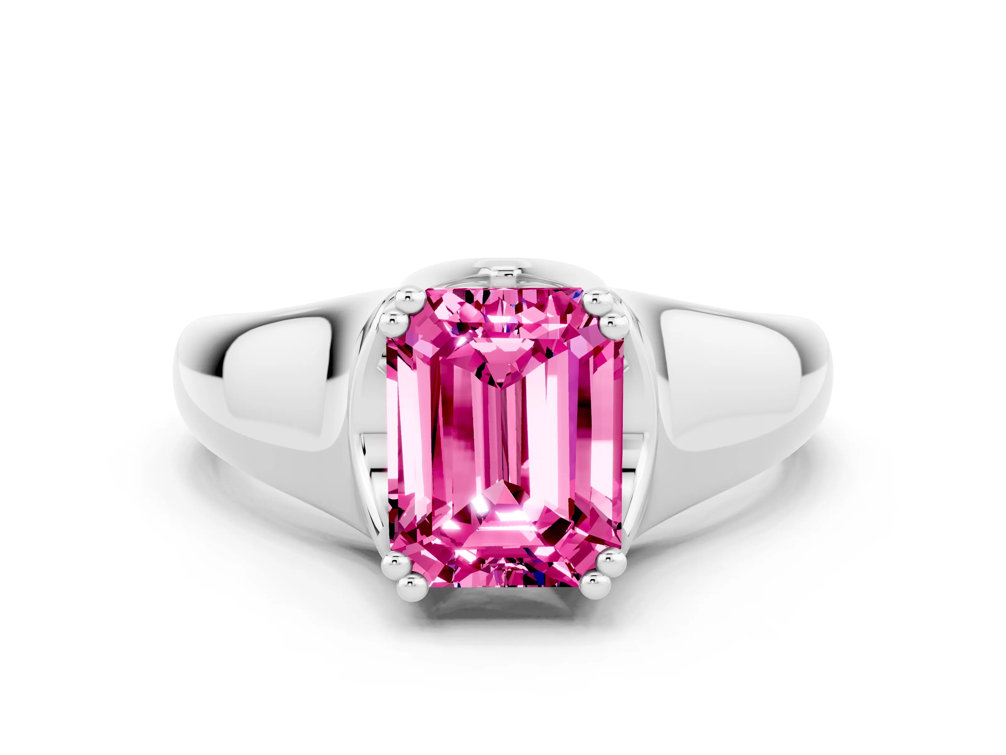 White gold Emerald Cut Pink Sapphire Solitaire Ring with Wide Band and Prong Setting_24