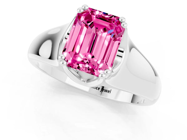 Platinum Emerald Cut Pink Sapphire Solitaire Ring with Wide Band and Prong Setting