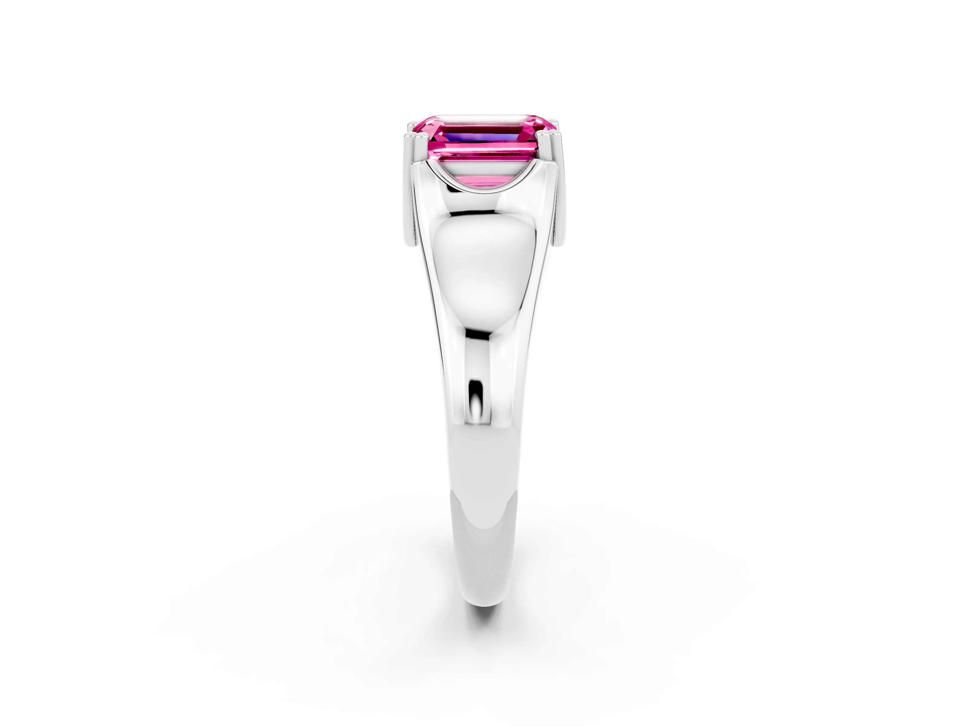 White gold Emerald Cut Pink Sapphire Solitaire Ring with Wide Band and Prong Setting_26