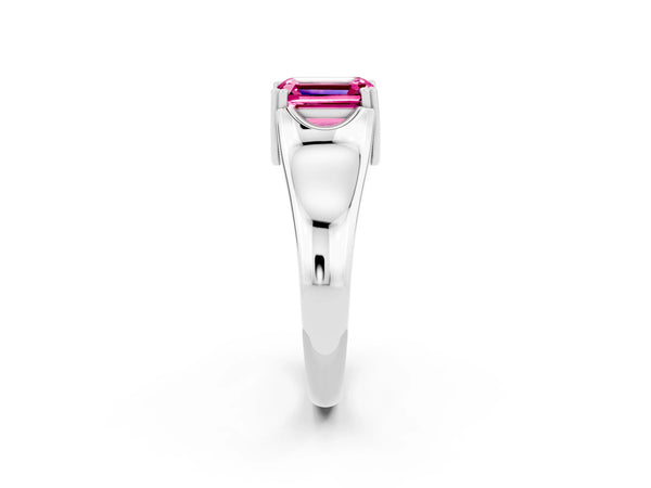 Silver Emerald Cut Pink Sapphire Solitaire Ring with Wide Band and Prong Setting