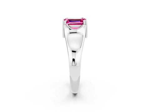 White gold Emerald Cut Pink Sapphire Solitaire Ring with Wide Band and Prong Setting_26