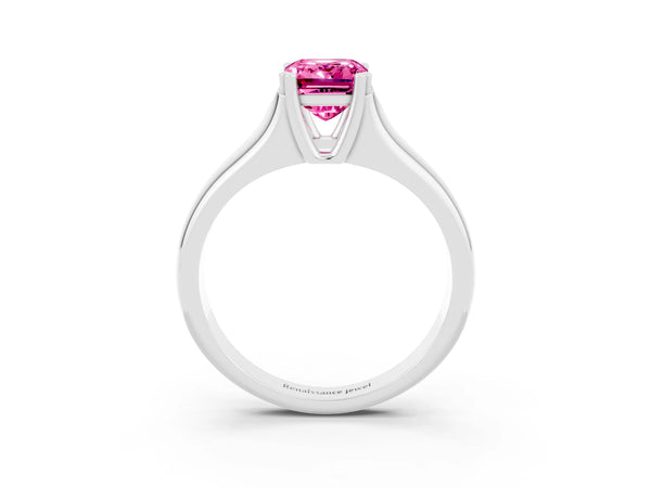 Platinum Emerald Cut Pink Sapphire Solitaire Ring with Wide Band and Prong Setting
