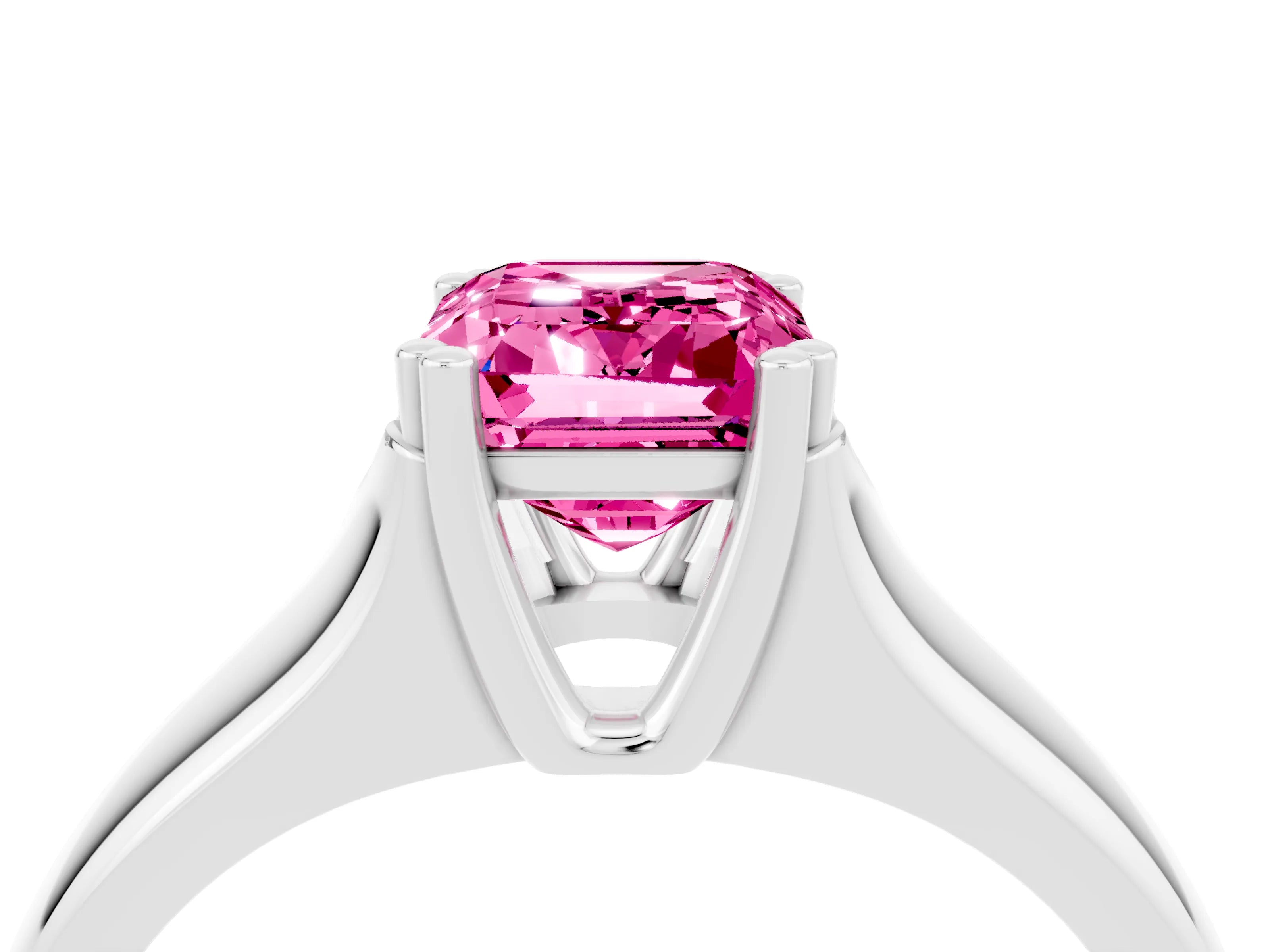 White gold Emerald Cut Pink Sapphire Solitaire Ring with Wide Band and Prong Setting_28