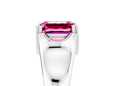 White gold Emerald Cut Pink Sapphire Solitaire Ring with Wide Band and Prong Setting_29