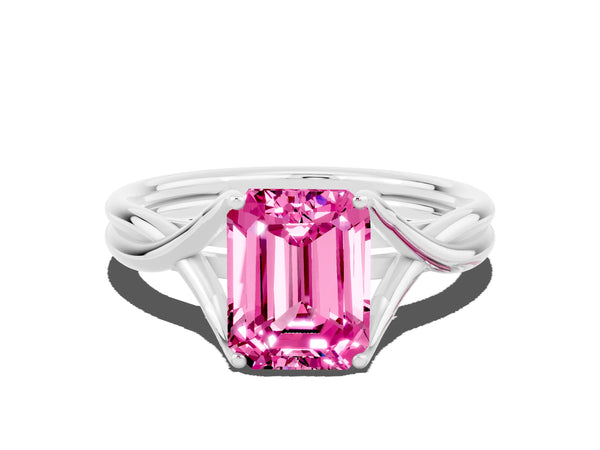 Silver Emerald Cut Pink Sapphire Solitaire Twist Band Prong Setting Ring