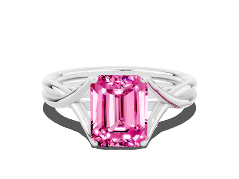 White gold Emerald Cut Pink Sapphire Solitaire Twist Band Prong Setting Ring_102