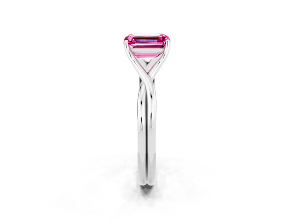 Silver Emerald Cut Pink Sapphire Solitaire Twist Band Prong Setting Ring