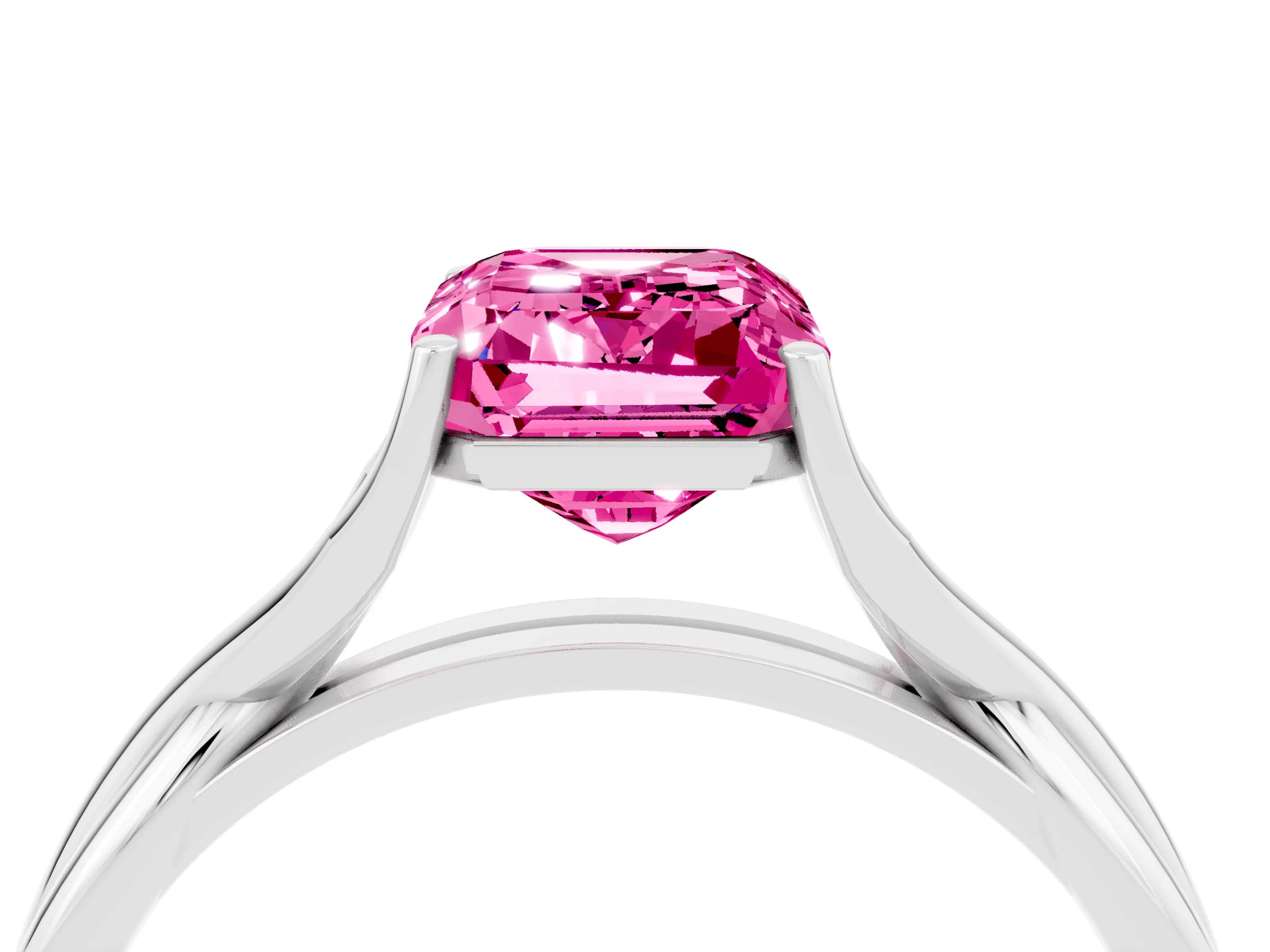 White gold Emerald Cut Pink Sapphire Solitaire Twist Band Prong Setting Ring_106