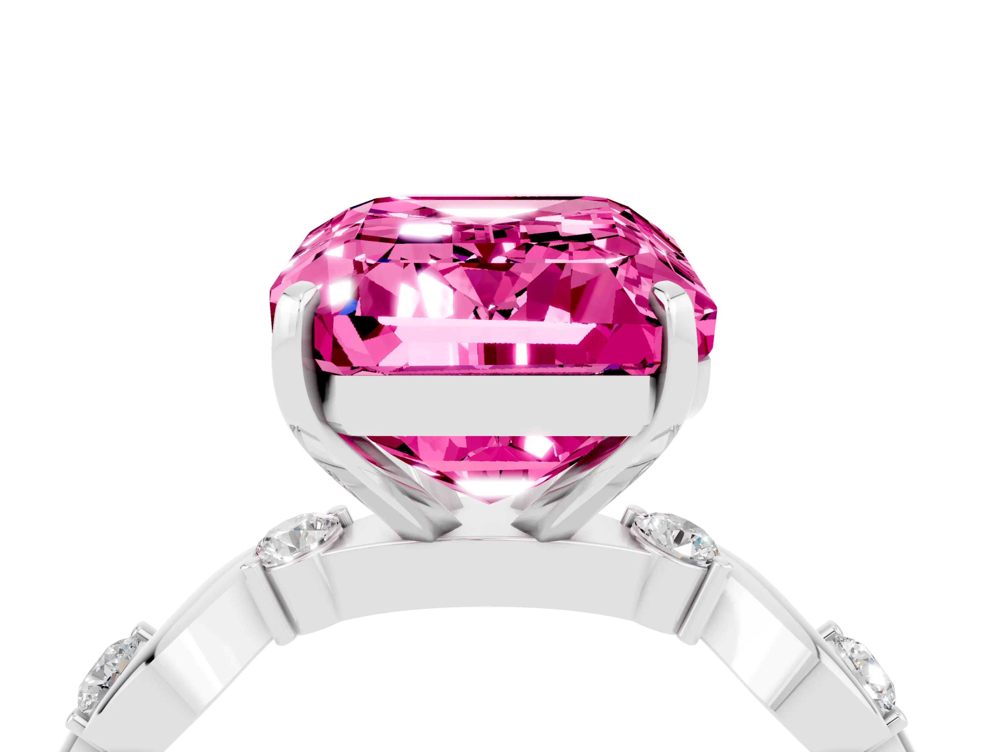 White gold Emerald Cut Pink Sapphire Solitaire Twisted Band with Round  Accents and Prong Setting_28