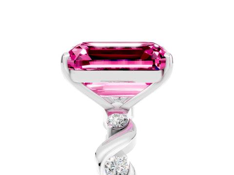 White gold Emerald Cut Pink Sapphire Solitaire Twisted Band with Round  Accents and Prong Setting_29
