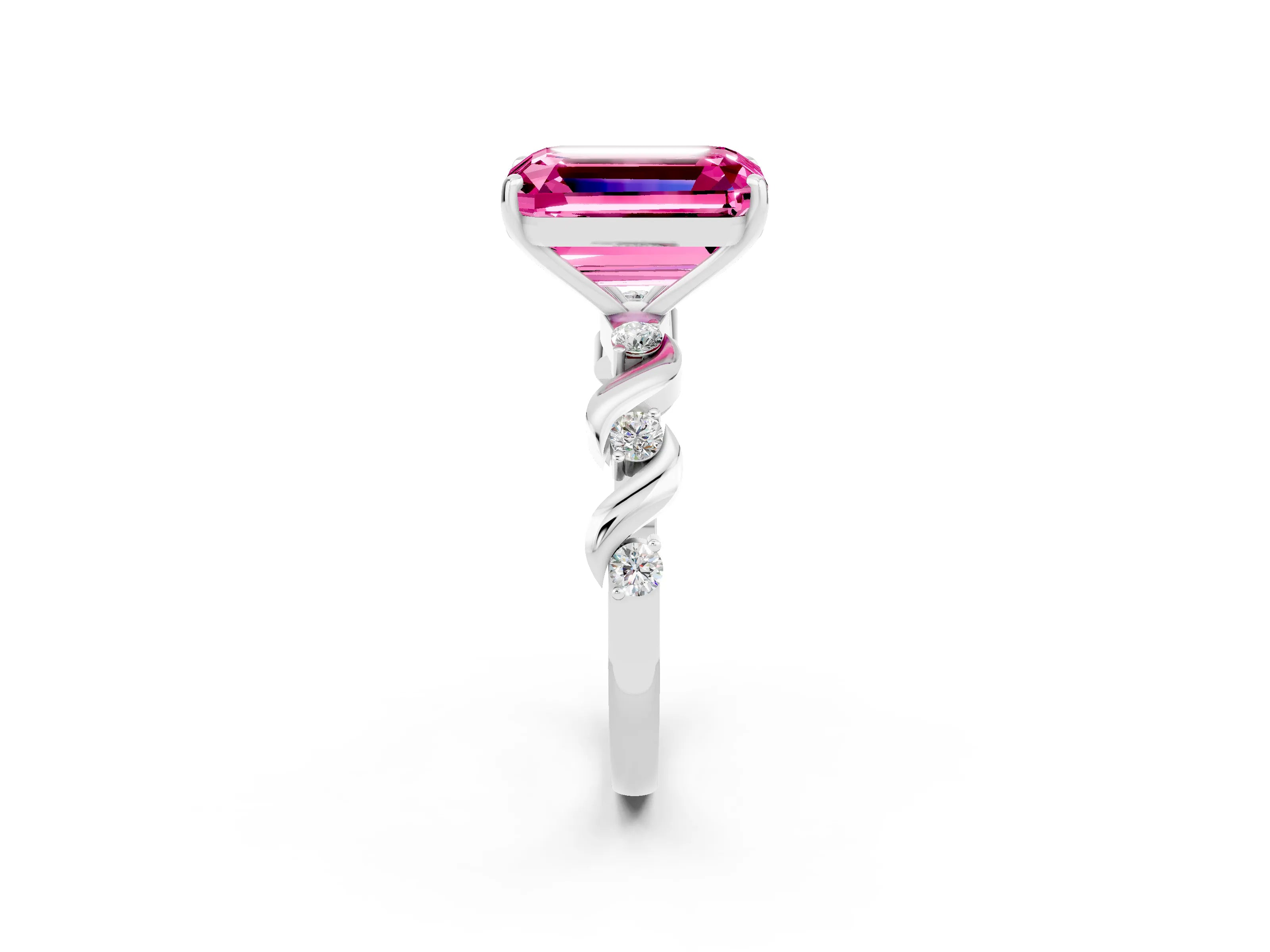 White gold Emerald Cut Pink Sapphire Solitaire Twisted Band with Round  Accents and Prong Setting_32