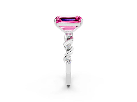 White gold Emerald Cut Pink Sapphire Solitaire Twisted Band with Round  Accents and Prong Setting_32