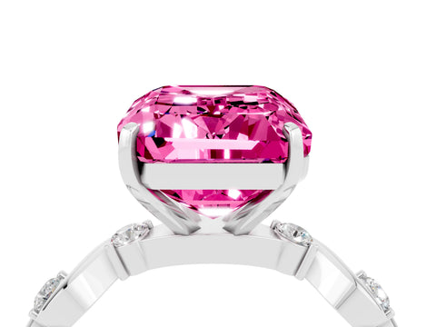 White gold Emerald Cut Pink Sapphire Solitaire Twisted Band with Round  Accents and Prong Setting_32
