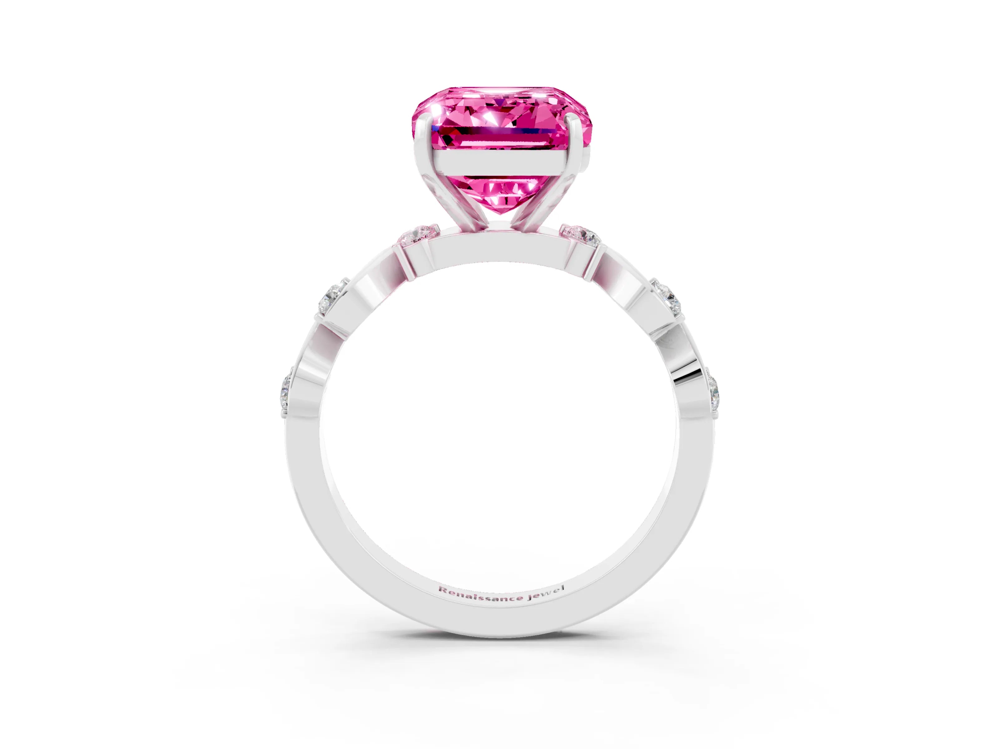 White gold Emerald Cut Pink Sapphire Solitaire Twisted Band with Round  Accents and Prong Setting_33