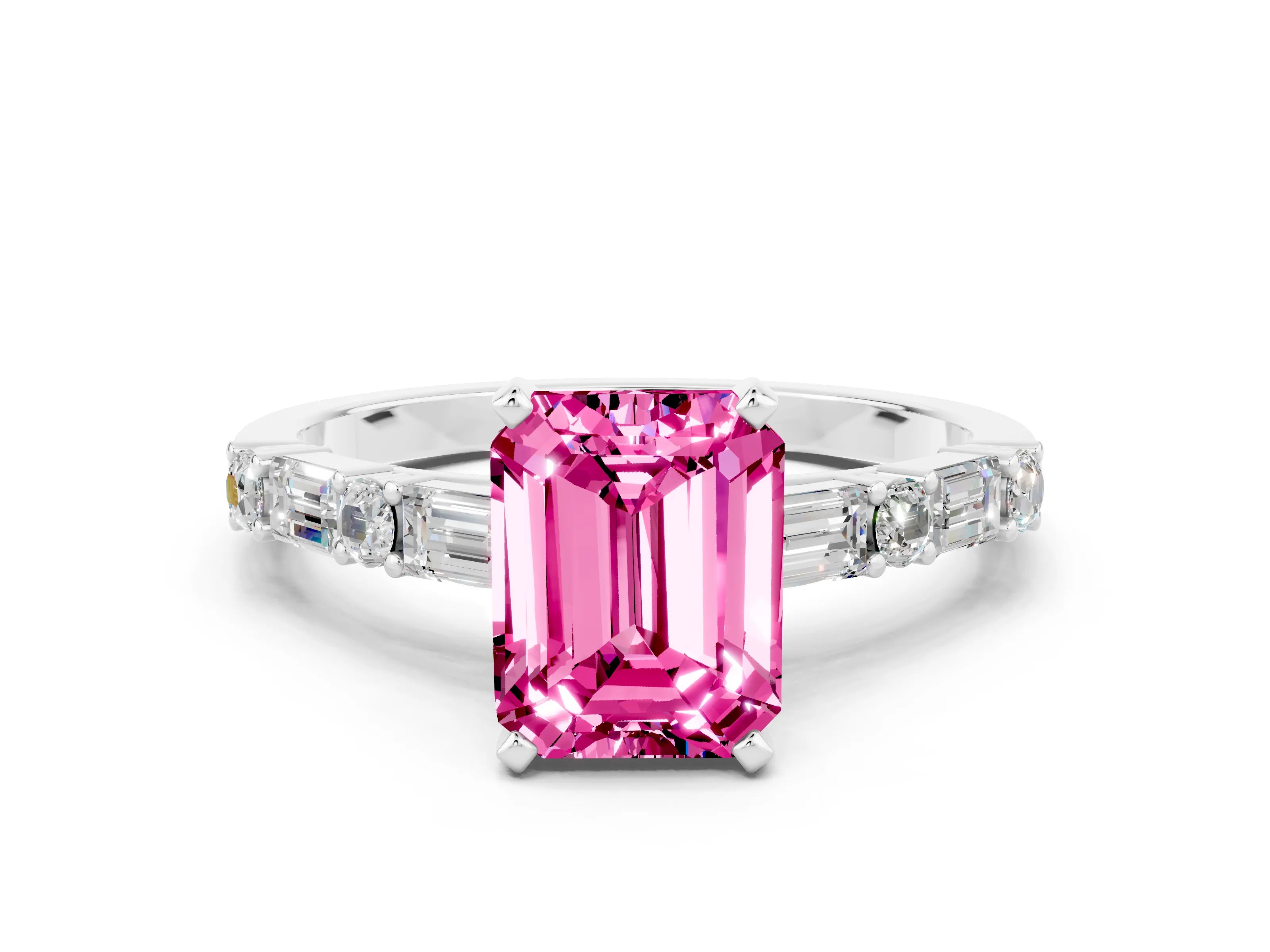 White gold Emerald Cut Pink Sapphire Solitaire with Side Baguettes and Channel Set Band_24
