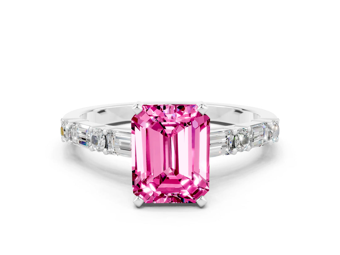 White gold Emerald Cut Pink Sapphire Solitaire with Side Baguettes and Channel Set Band_24