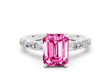 White gold Emerald Cut Pink Sapphire Solitaire with Side Baguettes and Channel Set Band_24