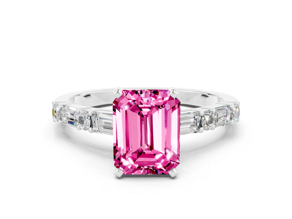 Silver Emerald Cut Pink Sapphire Solitaire with Side Baguettes and Channel Set Band