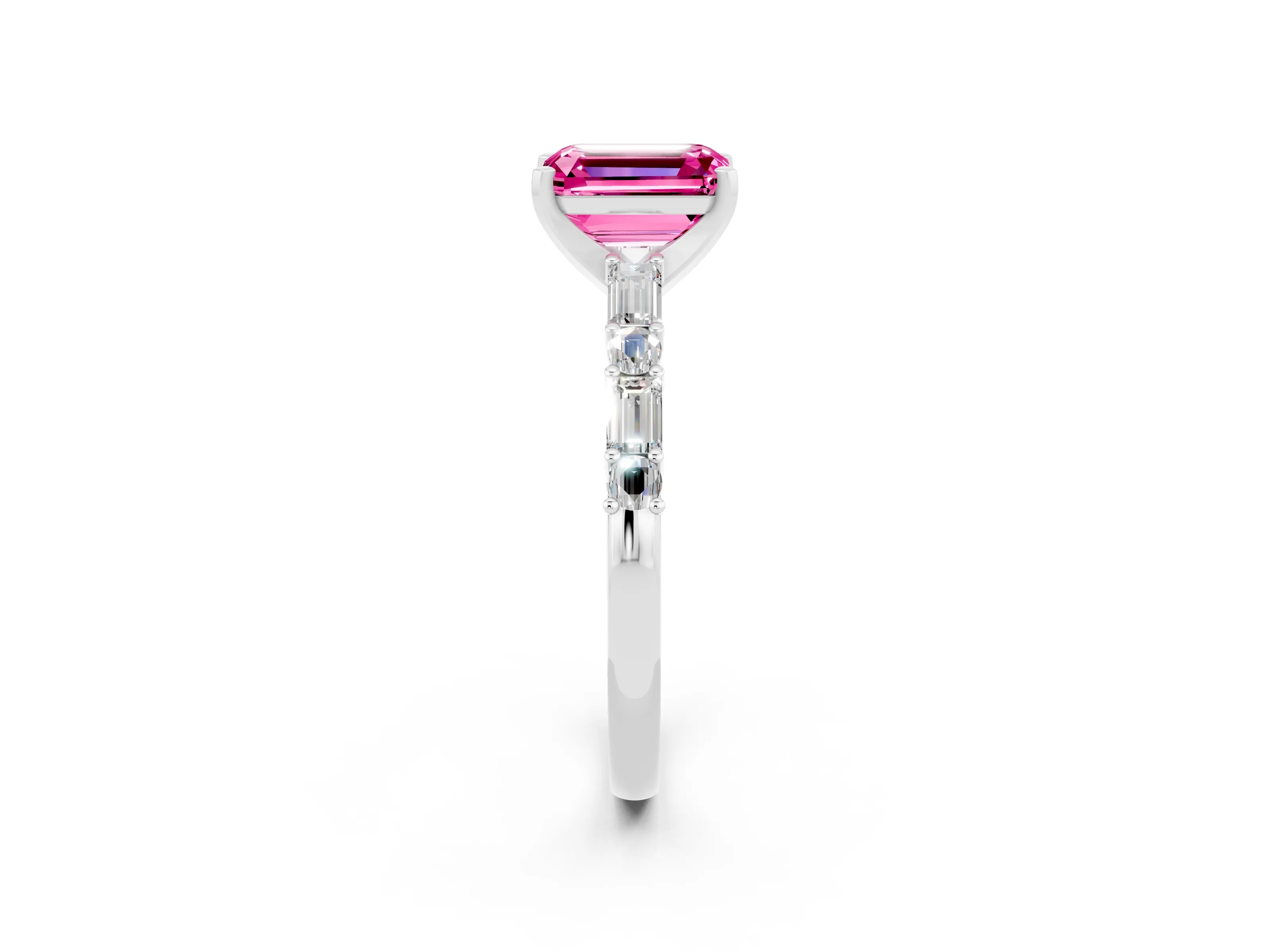 White gold Emerald Cut Pink Sapphire Solitaire with Side Baguettes and Channel Set Band_26