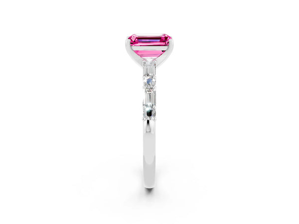 White gold Emerald Cut Pink Sapphire Solitaire with Side Baguettes and Channel Set Band