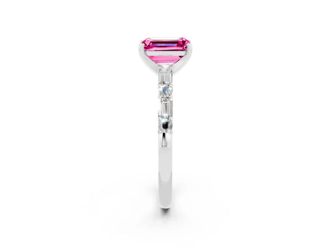 White gold Emerald Cut Pink Sapphire Solitaire with Side Baguettes and Channel Set Band_26
