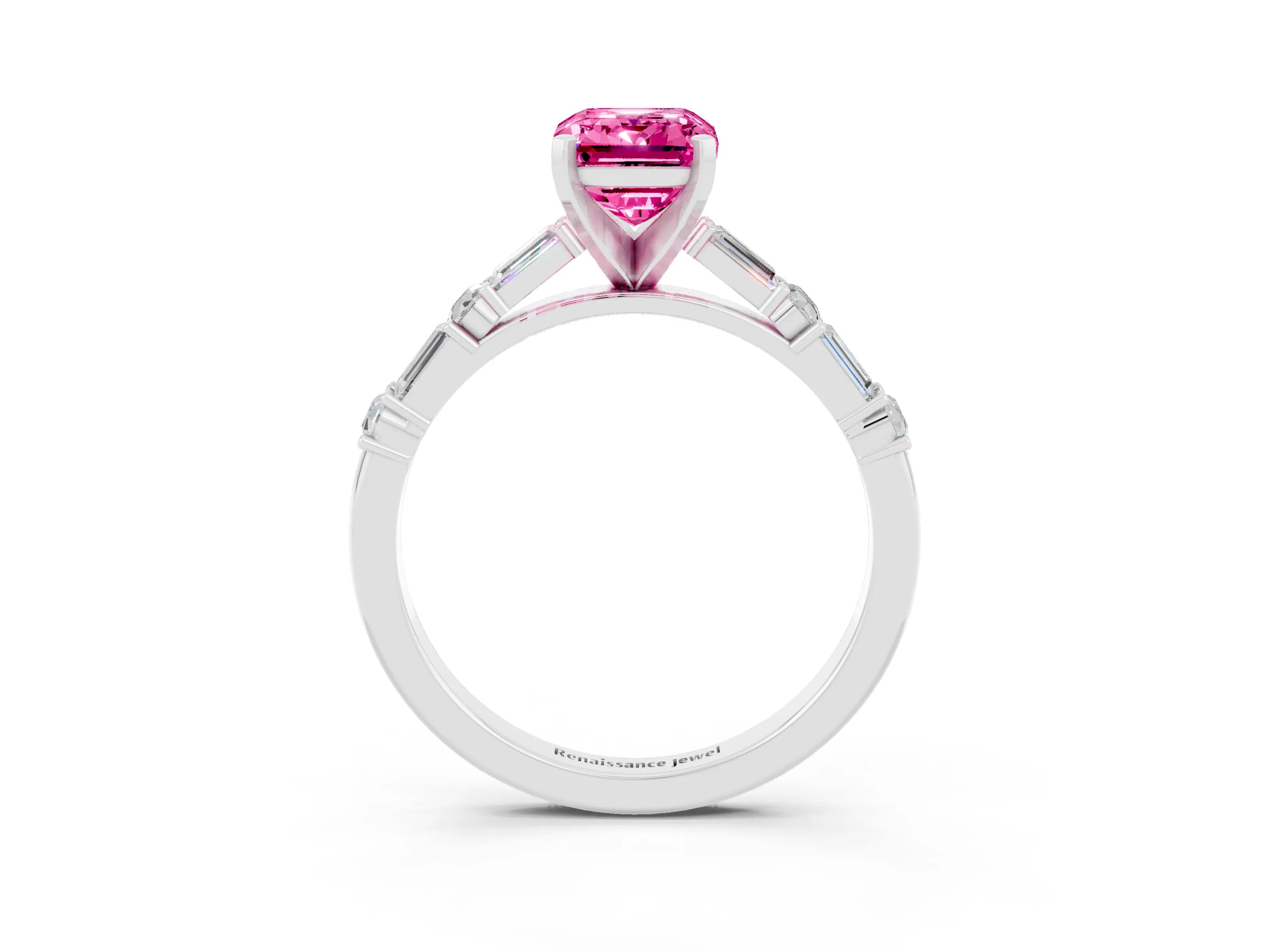 White gold Emerald Cut Pink Sapphire Solitaire with Side Baguettes and Channel Set Band_27
