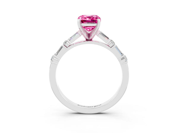 Silver Emerald Cut Pink Sapphire Solitaire with Side Baguettes and Channel Set Band