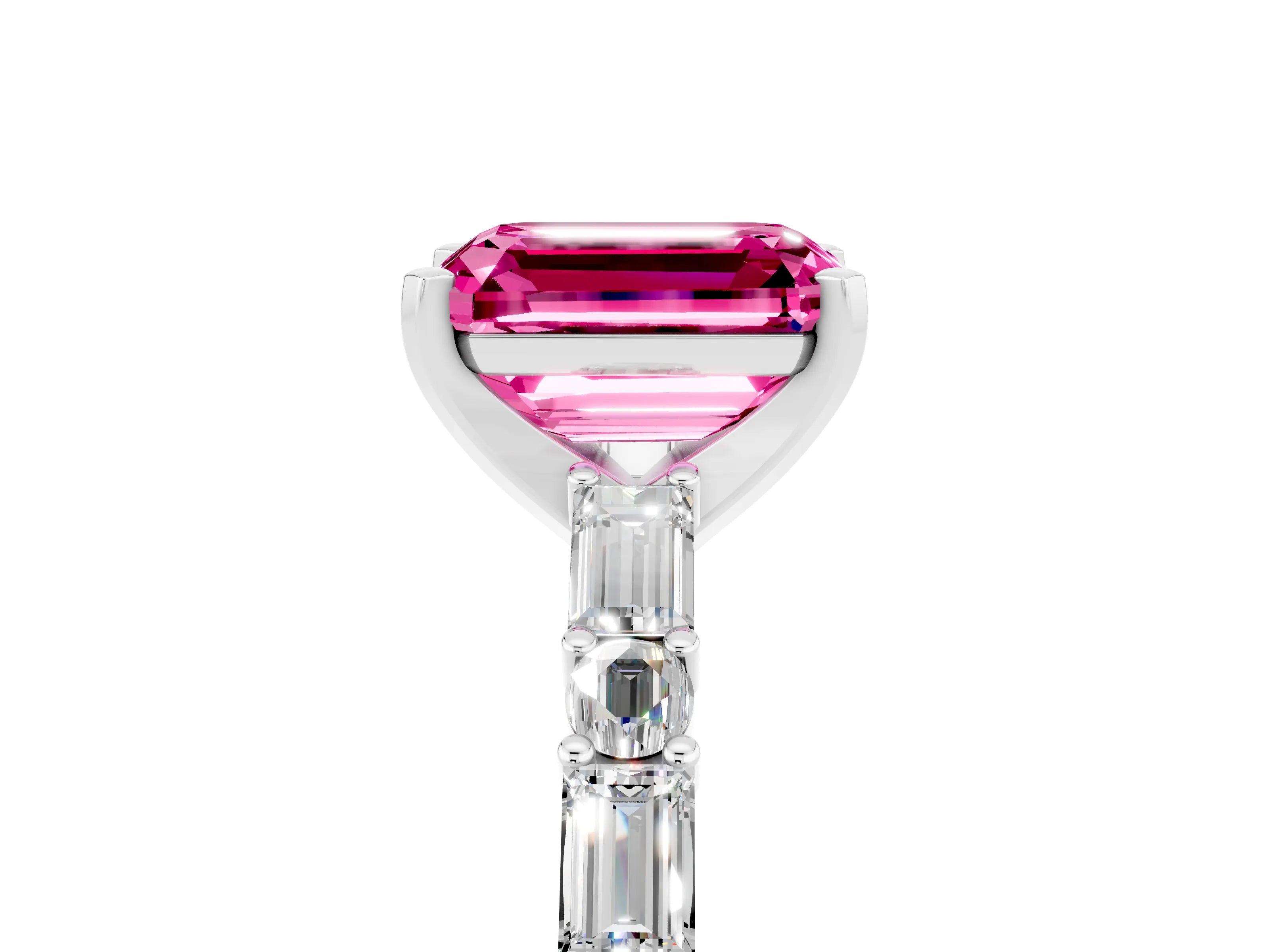 White gold Emerald Cut Pink Sapphire Solitaire with Side Baguettes and Channel Set Band_29