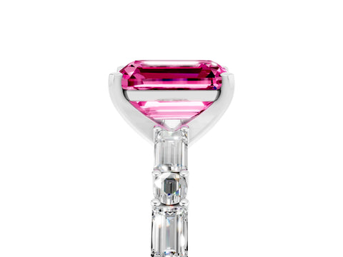 White gold Emerald Cut Pink Sapphire Solitaire with Side Baguettes and Channel Set Band_29