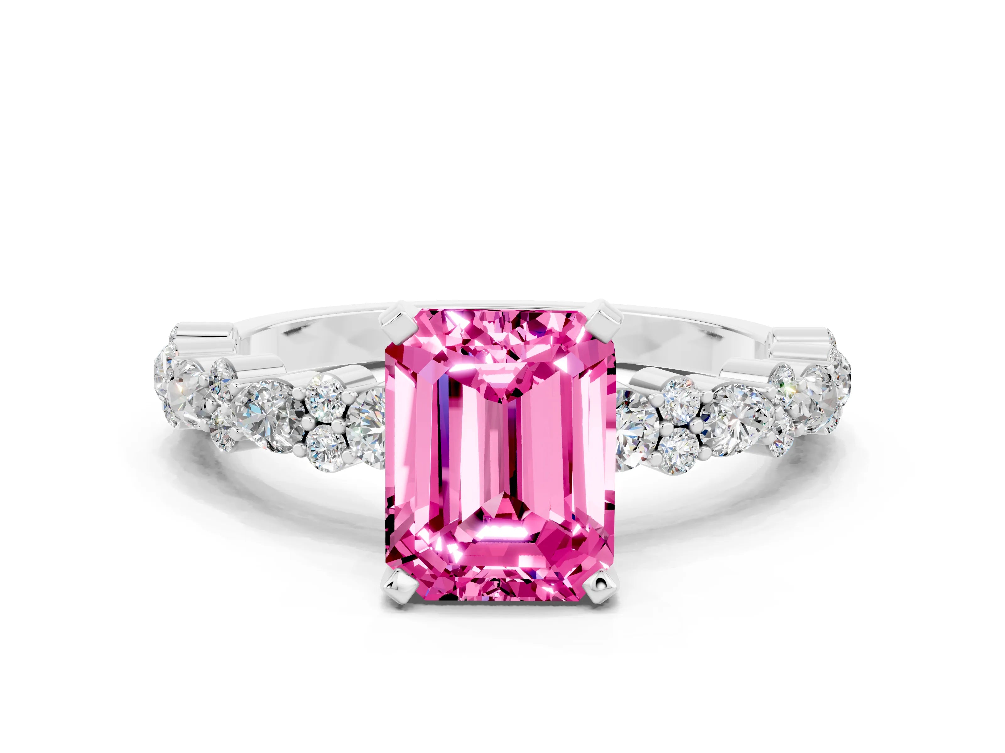 White gold Emerald Cut Pink Sapphire Solitaire with Side Stones, Pave Band, Four-Prong Setting_72