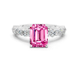 White gold Emerald Cut Pink Sapphire Solitaire with Side Stones, Pave Band, Four-Prong Setting_72