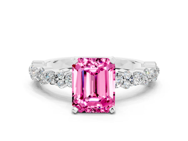 Silver Emerald Cut Pink Sapphire Side Stone Solitaire Ring with Round  and Four-Prong Setting