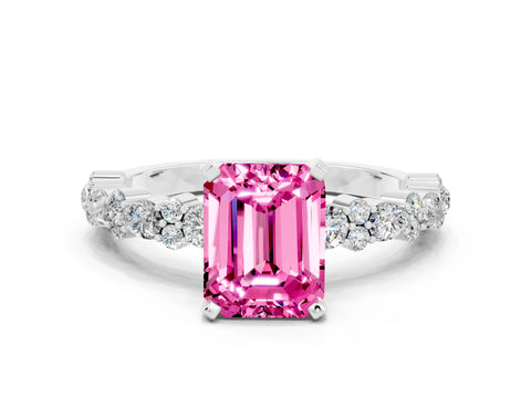 White gold Emerald Cut Pink Sapphire Solitaire with Side Stones, Pave Band, Four-Prong Setting_72