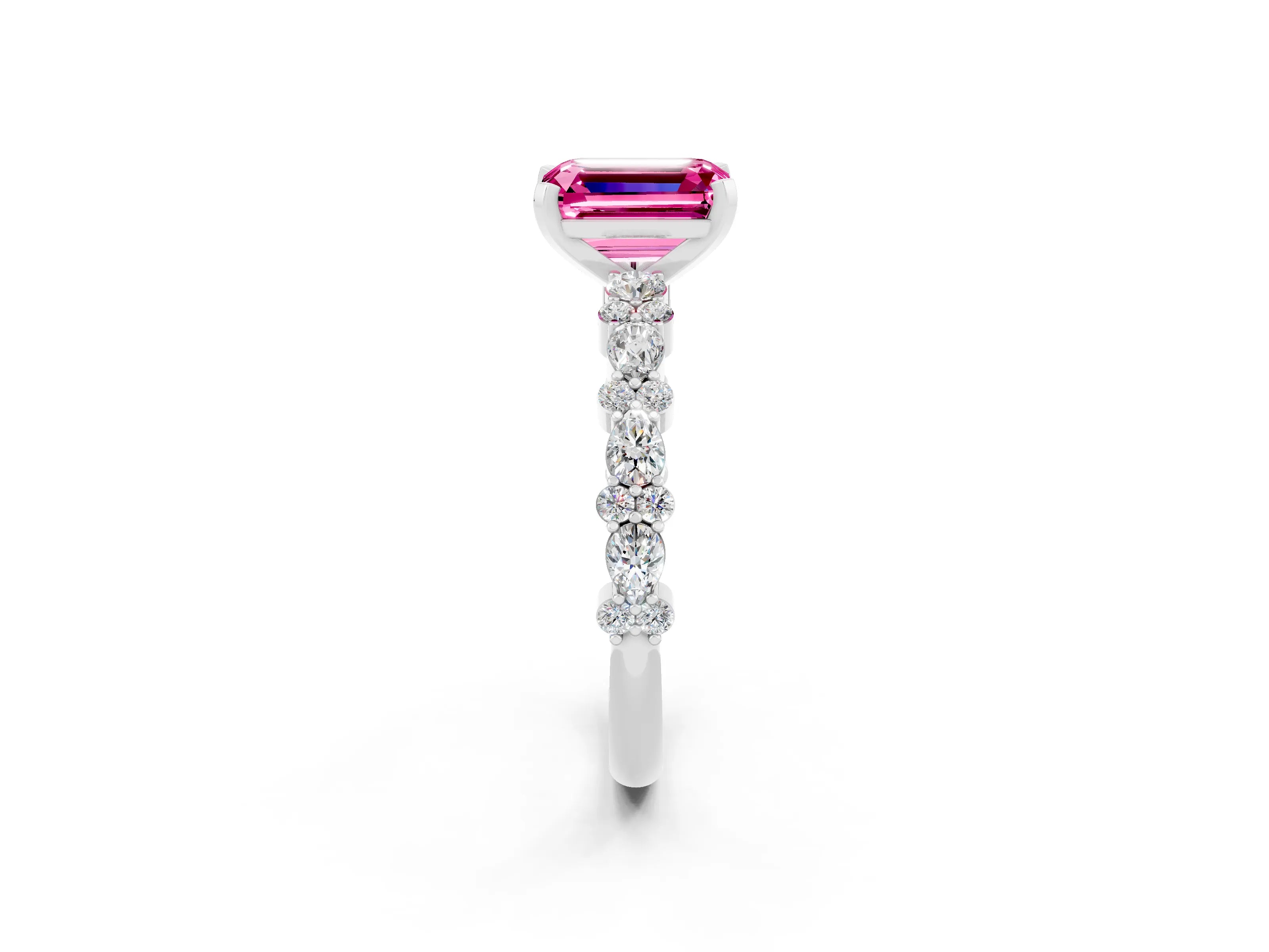 White gold Emerald Cut Pink Sapphire Solitaire with Side Stones, Pave Band, Four-Prong Setting_74