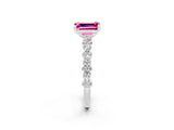 White gold Emerald Cut Pink Sapphire Solitaire with Side Stones, Pave Band, Four-Prong Setting_74