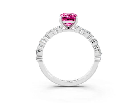 White gold Emerald Cut Pink Sapphire Solitaire with Side Stones, Pave Band, Four-Prong Setting_75