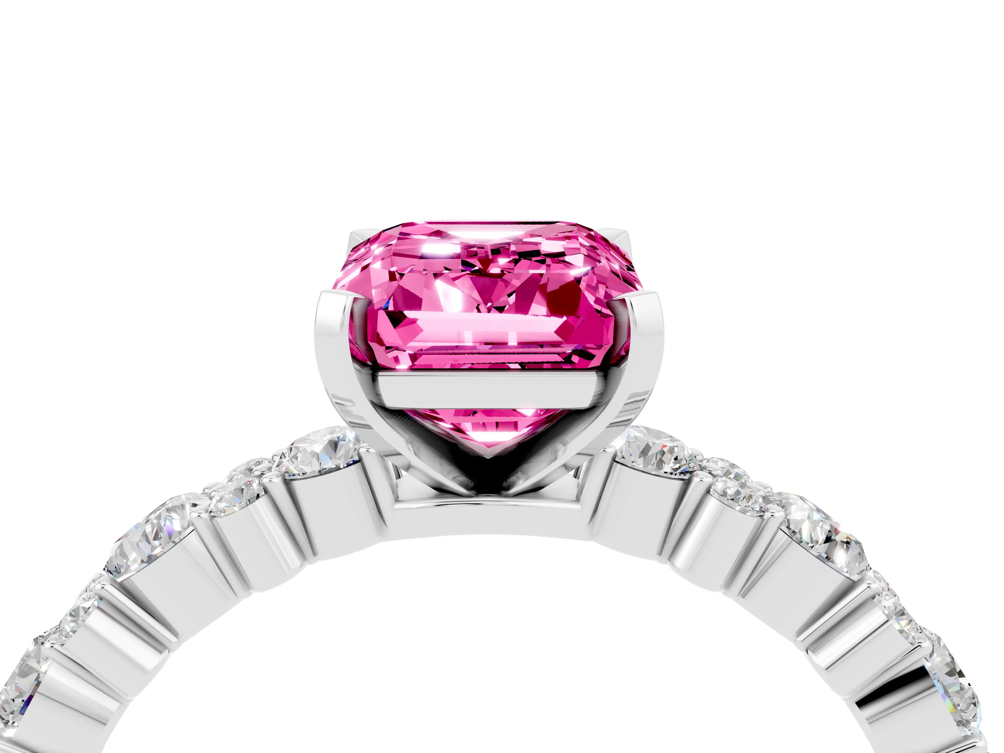 White gold Emerald Cut Pink Sapphire Solitaire with Side Stones, Pave Band, Four-Prong Setting_76
