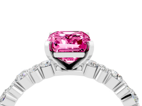 White gold Emerald Cut Pink Sapphire Solitaire with Side Stones, Pave Band, Four-Prong Setting_76