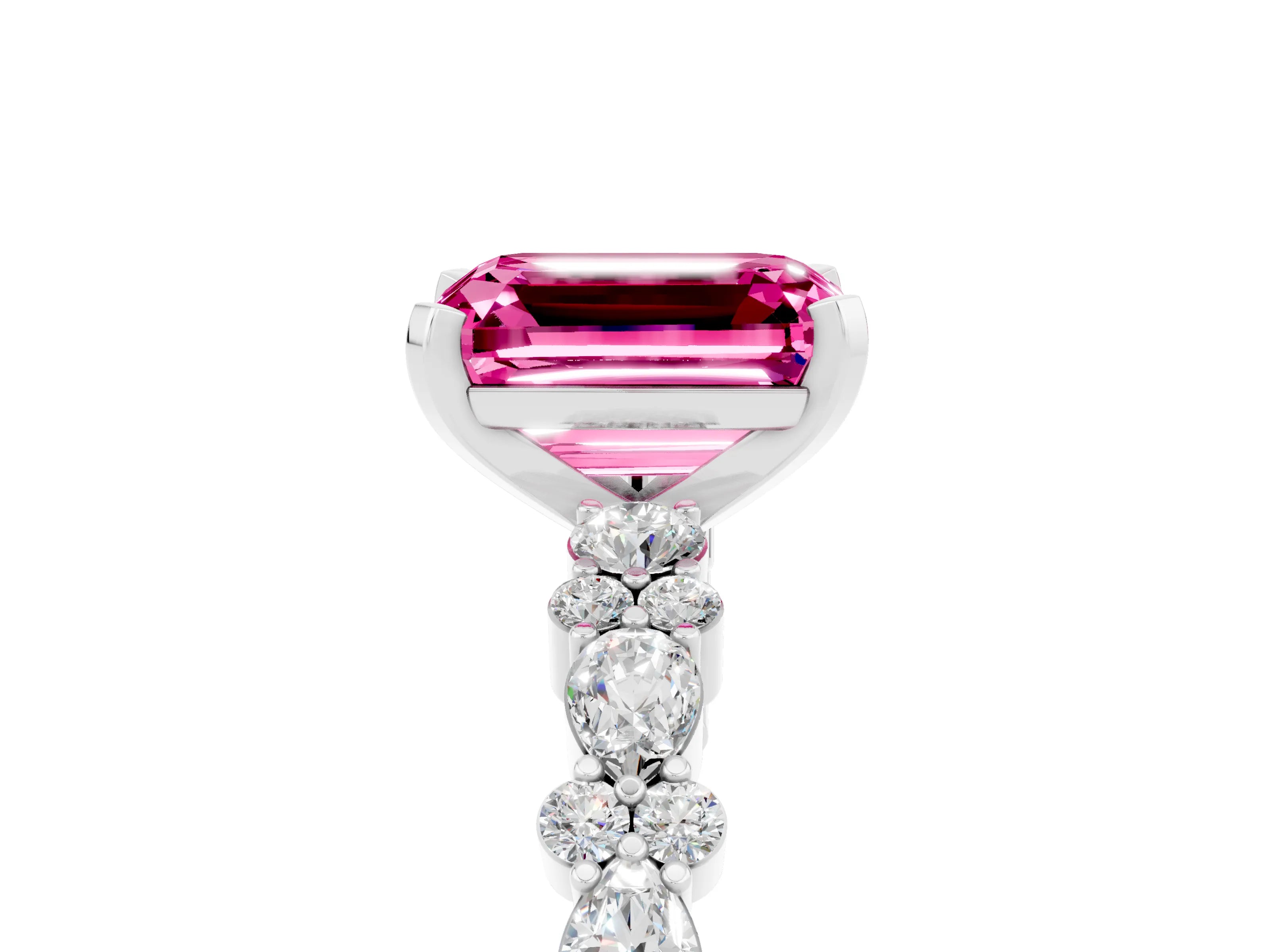White gold Emerald Cut Pink Sapphire Solitaire with Side Stones, Pave Band, Four-Prong Setting_77