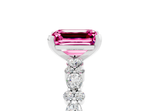 White gold Emerald Cut Pink Sapphire Solitaire with Side Stones, Pave Band, Four-Prong Setting_77