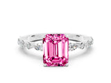White gold Emerald Cut Pink Sapphire Solitaire with Side Stones on a Pavé Band and Four-Prong Setting_24
