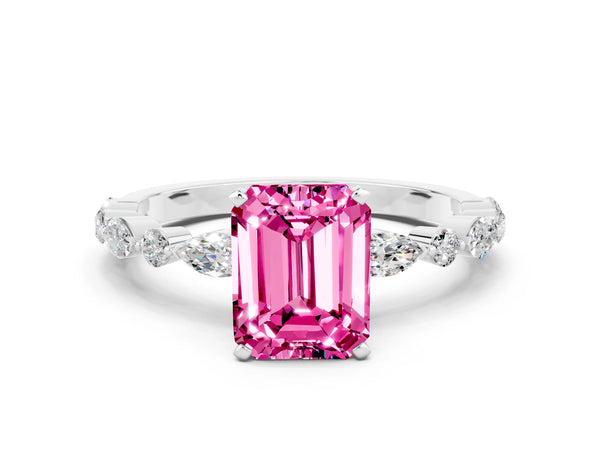 White gold Emerald Cut Pink Sapphire Ring with Marquise and Round  Side Stones and Four-Prong Setting